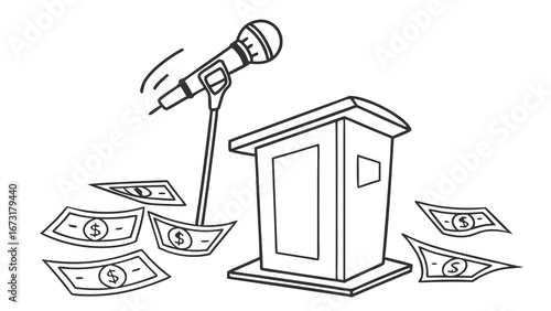 Podium, Microphone, and Falling Money Illustration: Concept of Paid Speeches, Financial Influence, or Political Funding.