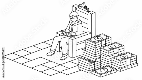 Isometric Wealth & Power: Person on Throne with Money Stacks & Tablet