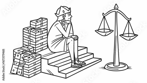 Ethical dilemma: Person contemplating money and justice scales, decision-making concept illustration