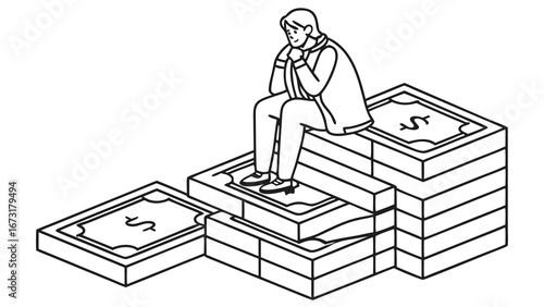 Businessman sits on money stacks, contemplating financial future, wealth, and investment decisions. Financial planning illustration.
