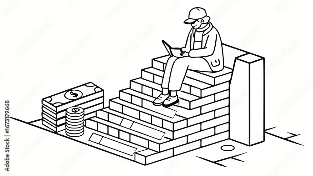 Obraz premium Building wealth through digital work: Person on brick steps with laptop and money stack, symbolizing financial growth and online success