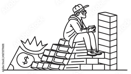 Man on money steps, building wealth towards financial success. Line art illustration of investment growth and progress.