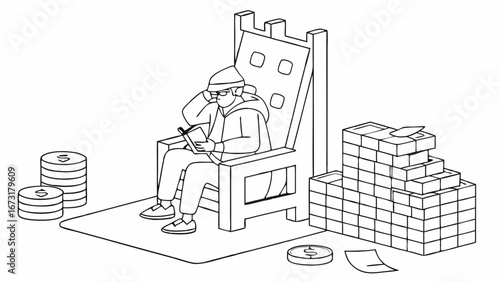 Modern Financial Success: Person on Throne Surrounded by Money Stacks, Planning Wealth. Isometric Line Art.