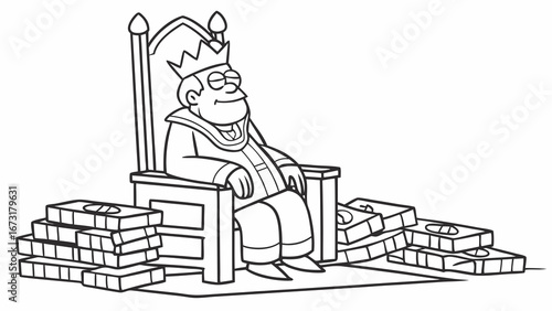 Wealthy King on Throne with Money Stacks. Royal Power and Riches. Black and White Line Art Illustration.