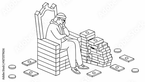 Wealthy Person on Throne Surrounded by Money Stacks, Contemplating Financial Power. Isometric Line Art.