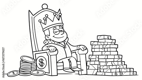 Wealthy Cartoon King on Throne with Piles of Money - Financial Success & Power Concept