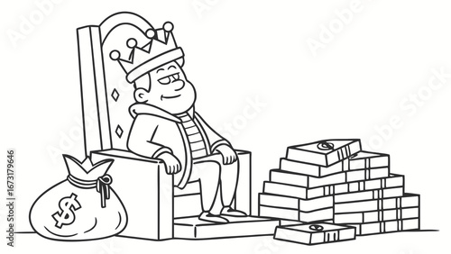 King on Throne with Crown, Money Bag, and Cash Stack. Wealth and Power Concept Illustration.