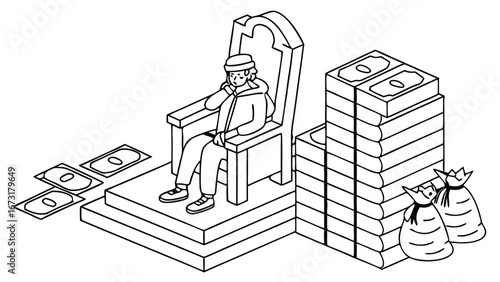 Isometric Line Art: Person on Throne with Stacks of Cash & Money Bags, Wealth Concept