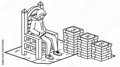 Youthful individual on a throne with increasing stacks of money, symbolizing wealth, power, and financial gain. Isometric line art.