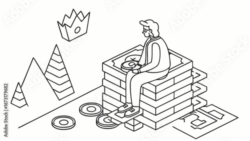 Isometric Wealth Accumulation: Man on Asset Stack with Crown and Coins