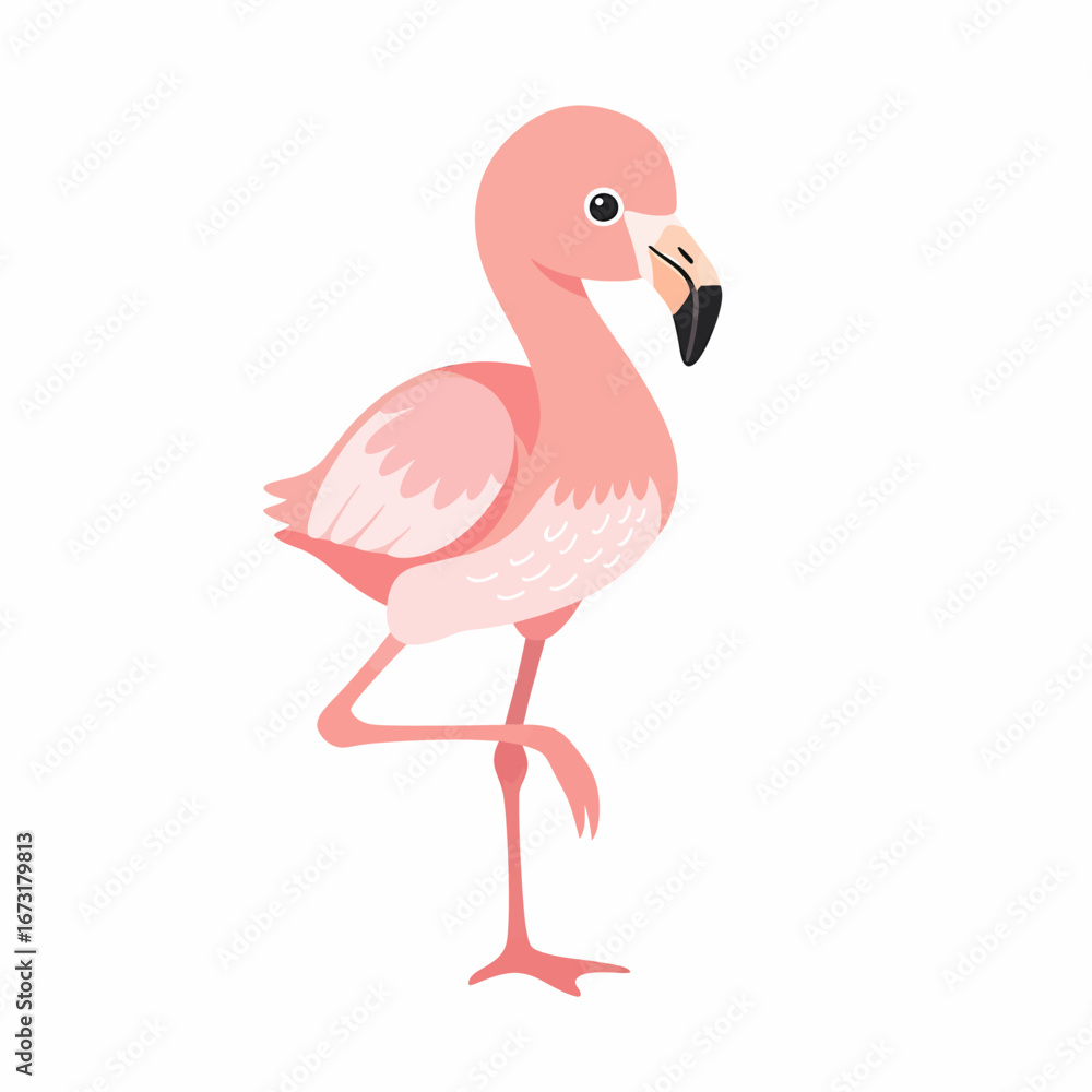 Obraz premium Cartoon Flamingo Standing Gracefully on One Leg with Pink Feathers and Black Beak.