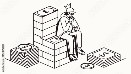 Wealth King: Isometric Line Art Illustration of Person with Crown Sitting on a Throne of Money