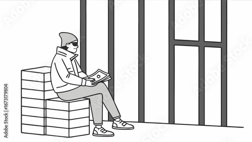 Secretive figure with documents by bars: crime, informant, or legal issues concept