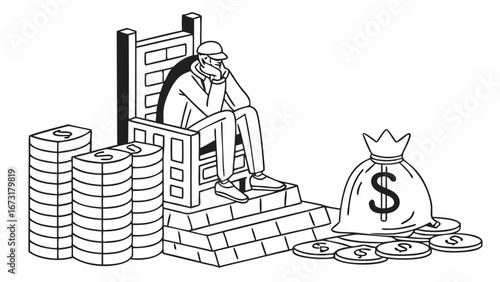 Contemplative Figure on Throne Surrounded by Money Stacks, Symbolizing Wealth, Power, and Financial Burden