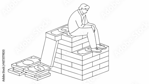 Financial Stress: Pensive Man on Money Fountain with Flowing Bills, Economic Crisis Line Art Illustration
