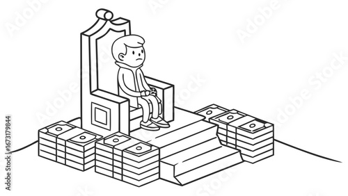 Person on Money Throne: Isometric Illustration of Wealth, Power, and Financial Control