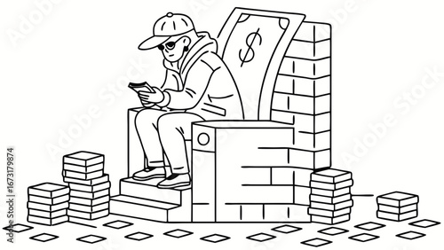 Wealthy Individual on Money Throne Counting Cash Piles - Financial Success and Power Illustration