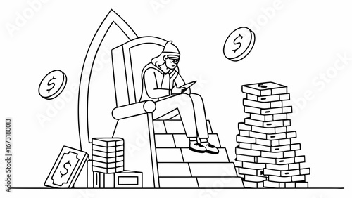 Digital Wealth Management: Person on Money Throne Using Tablet. Financial Power & Investment Concept.