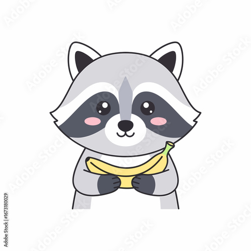 Adorable cartoon raccoon illustration with grey fur black mask pink cheeks holding a ripe yellow banana.