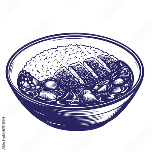 Delicious japanese curry rice with fried pork cutlet and vegetables illustration