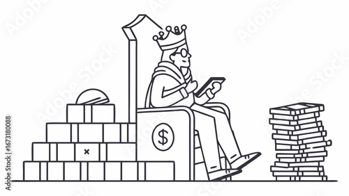 Financial King on Throne with Money & Books, Symbolizing Wealth, Knowledge & Business Power