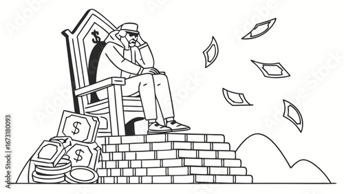 Wealthy Figure on Throne Losing Money, Symbolizing Financial Crisis and Economic Worry Illustration