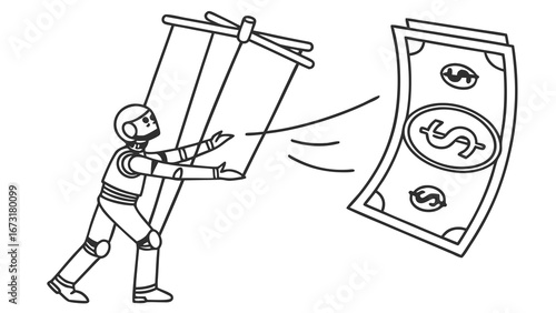 Robot controlling money puppet strings. Concept of AI, automation, and technology's influence on finance and economic systems.