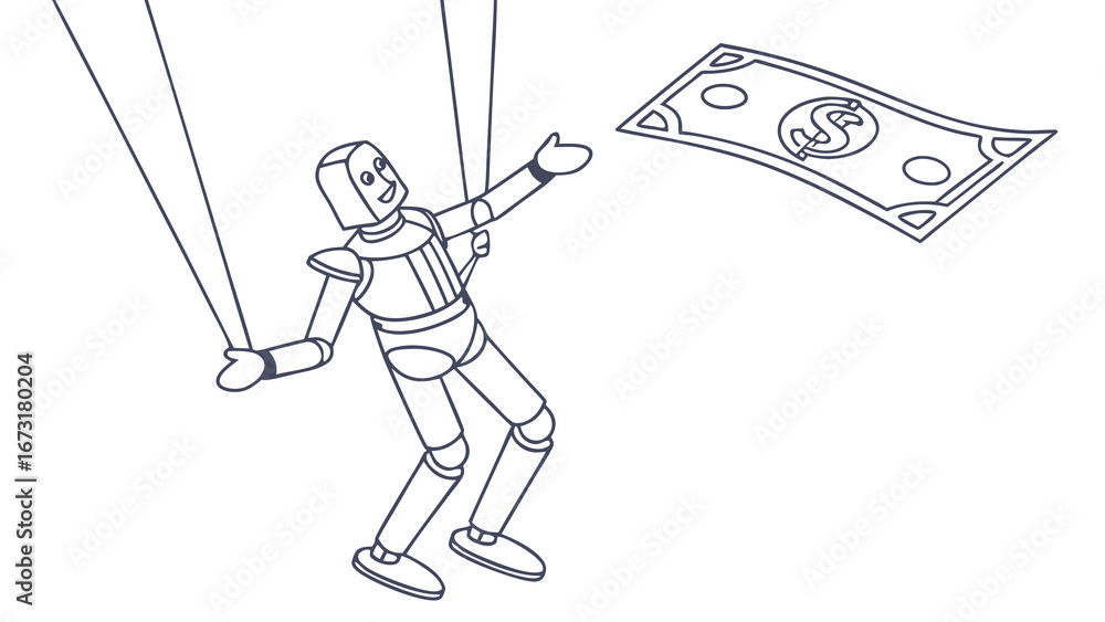 Obraz premium Puppet on strings reaching for money, illustrating financial control, manipulation, and economic dependence. Simple line art.