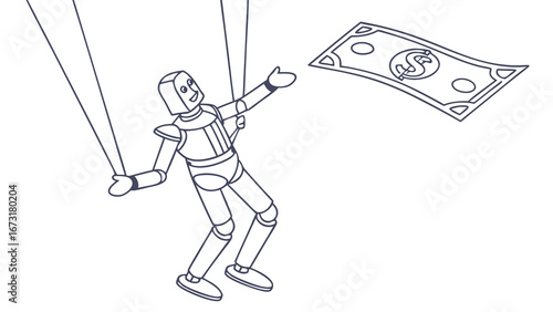 Puppet on strings reaching for money, illustrating financial control, manipulation, and economic dependence. Simple line art.
