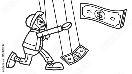Cartoon character running to catch falling dollar bills, financial pursuit and opportunity concept illustration