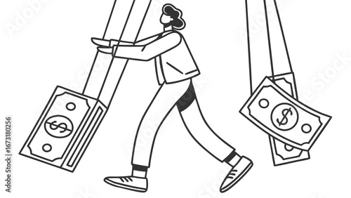 Person Carrying Money Stacks: Financial Burden, Wealth Management, and Economic Challenges Illustration