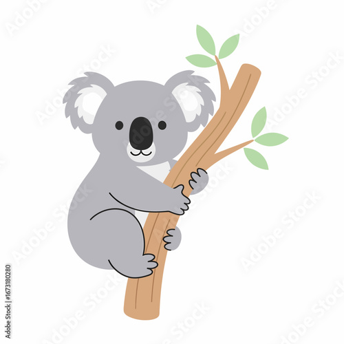 Cute Gray Koala Clinging to a Branch with Green Leaves Cartoon Style.