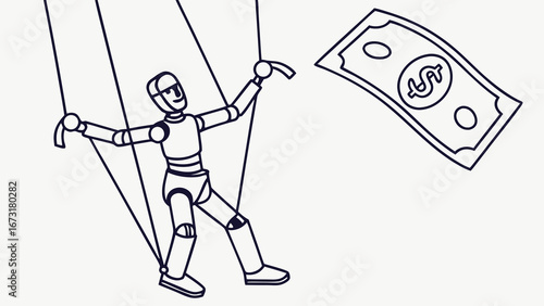 Financial Control Concept: Marionette Puppet Manipulated by Strings Reaching for Money