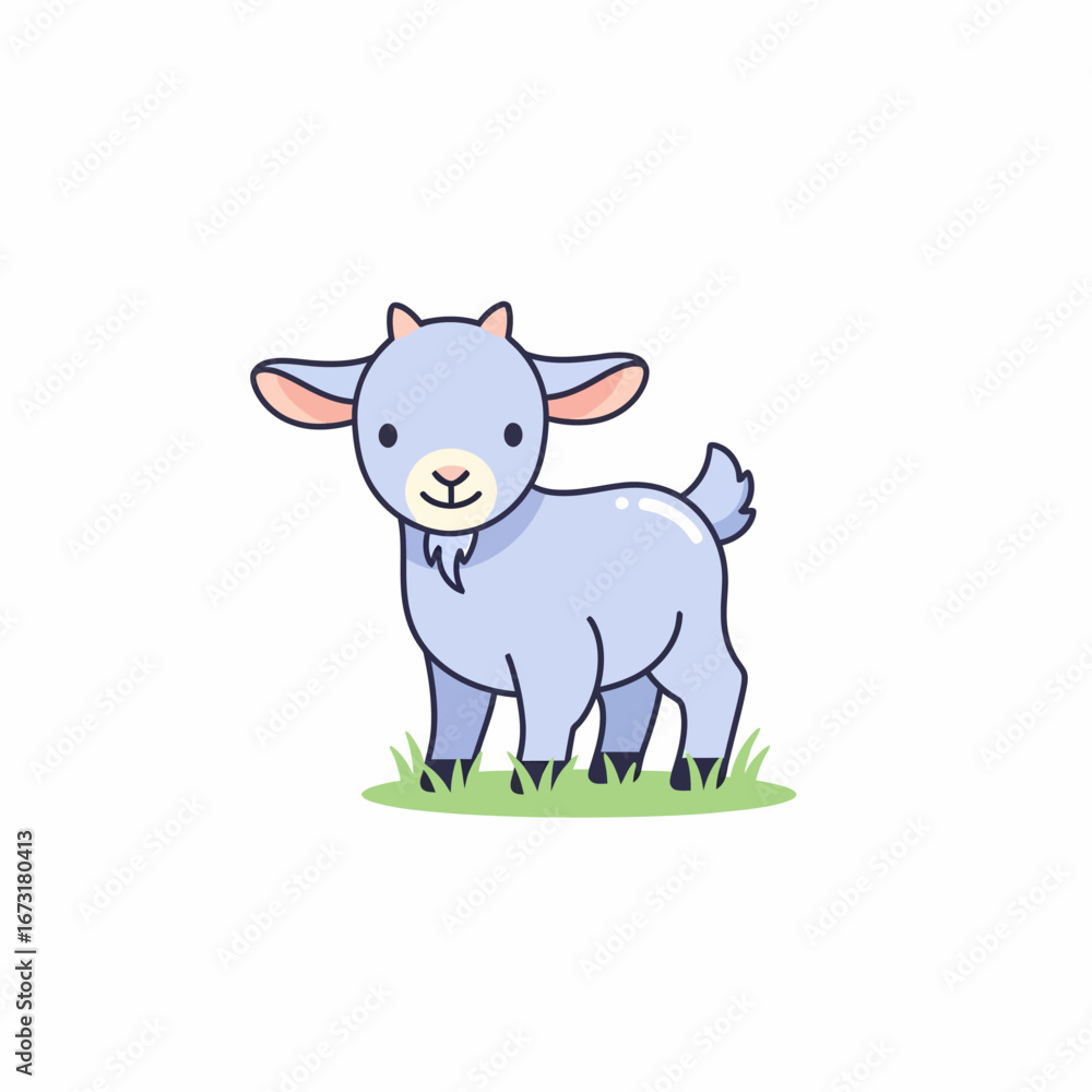 Fototapeta premium Cute Cartoon Light Purple Goat Standing in Grass.