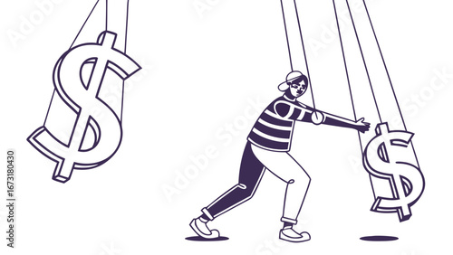 Financial Manipulation: Character Pulling Down Dollar Sign Icon, Economic Control Concept
