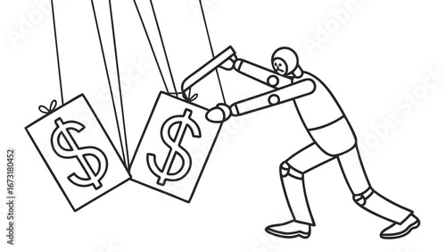 Economic Control Concept: Stylized Figure Pushing Dollar Sign Blocks