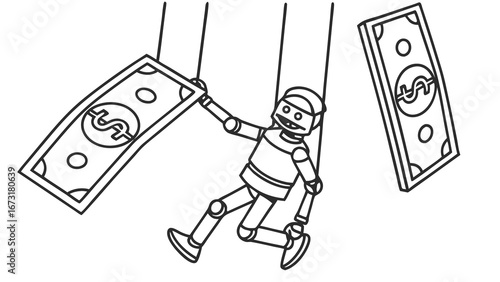 Marionette Controlled by Money Strings: Economic Manipulation Concept Illustration