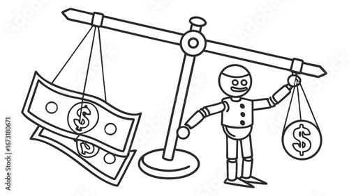 Financial Imbalance: Character Weighing Dollar Bills and Coin on Scale