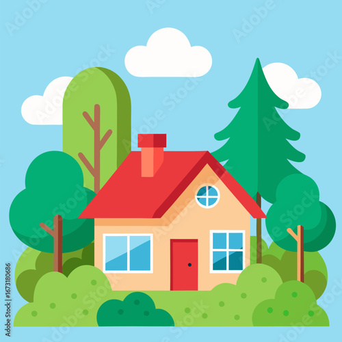 Cozy summer countryside house with a red roof, surrounded by a garden and trees vector landscape background.