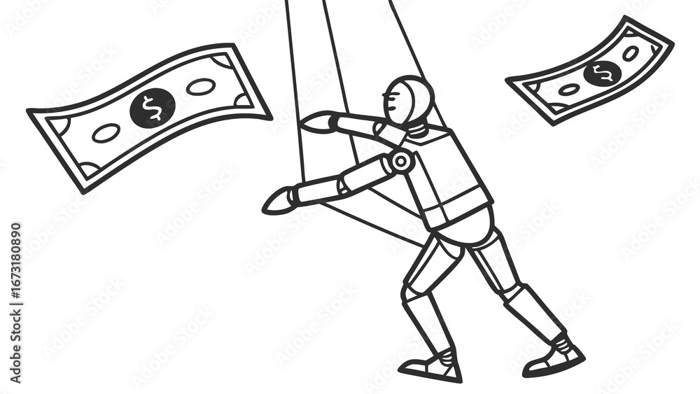 Obraz premium Financial control and manipulation concept. Puppet on strings with money. Economic dependency illustration.