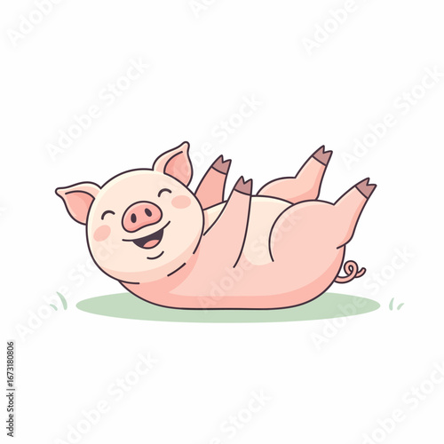 Cartoon Pig Lying on Back Smiling with Pink Skin and Curly Tail.