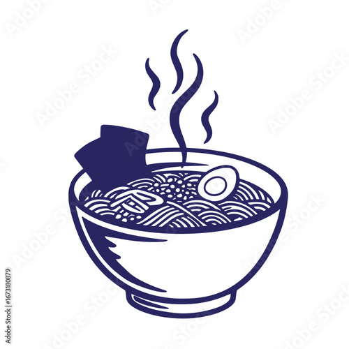 Delicious ramen bowl illustration featuring noodles egg and nori vector design