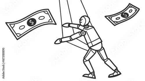 Financial control and manipulation concept. Puppet on strings with money. Economic dependency illustration.
