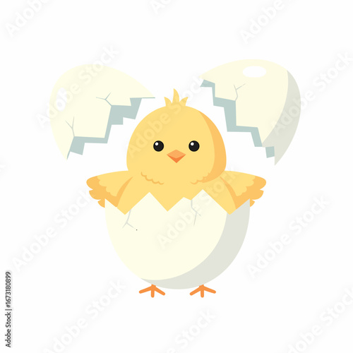 Adorable Yellow Chick Hatching from Cracked Eggshell.