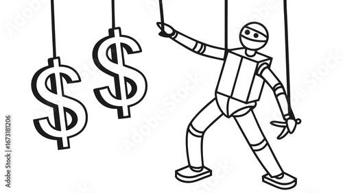 Financial manipulation concept: Puppet master controlling dollar signs on strings