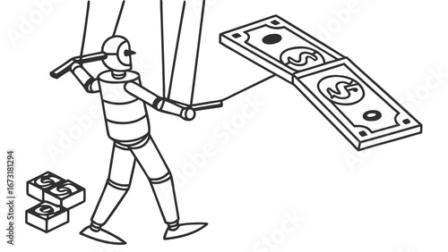 Marionette Puppet Manipulating Money with Strings: Financial Control & Influence Concept
