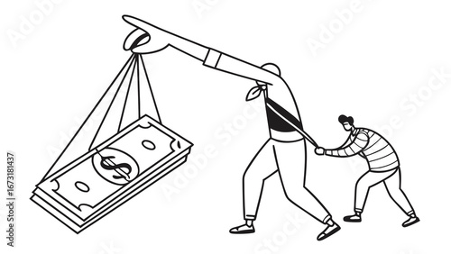 Economic disparity and effort: Two people struggle with a large stack of money
