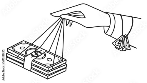 Financial Control Concept: Hand Manipulating Stack of Money with Strings, Economic Power & Influence Illustration