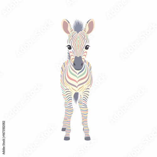 Adorable Baby Zebra with Rainbow Stripes Standing Frontally.