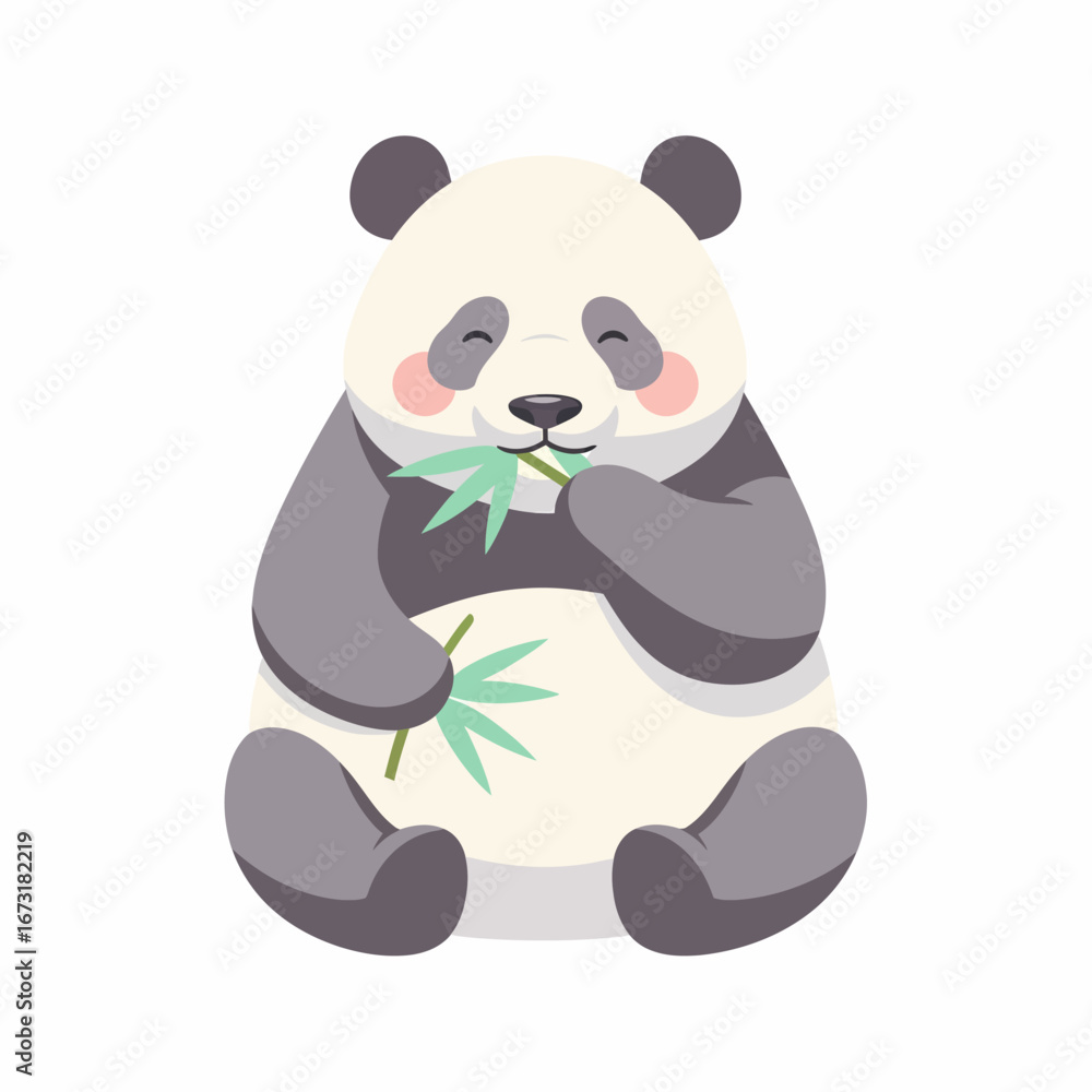 Fototapeta premium Cute cartoon panda sitting happily eating green bamboo leaves with rosy cheeks.